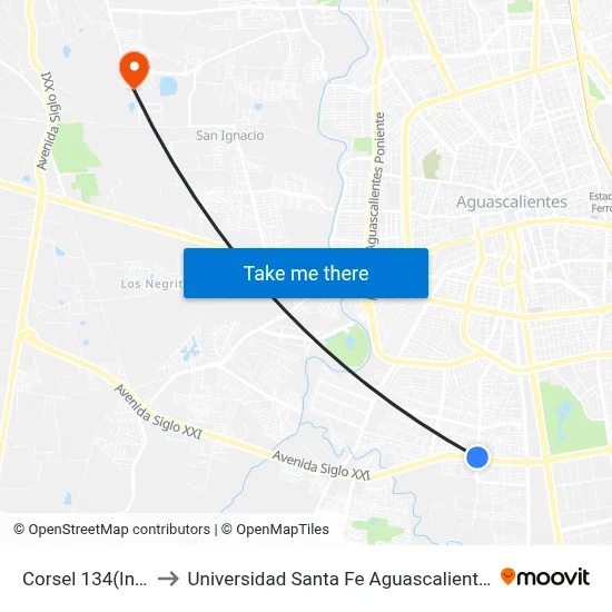 Corsel 134(Inta to Universidad Santa Fe Aguascalientes map