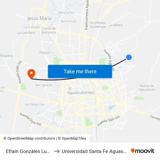 Efraín Gonzáles Luna 206 to Universidad Santa Fe Aguascalientes map