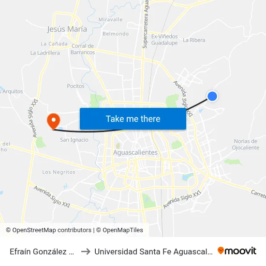 Efraín González Luna to Universidad Santa Fe Aguascalientes map