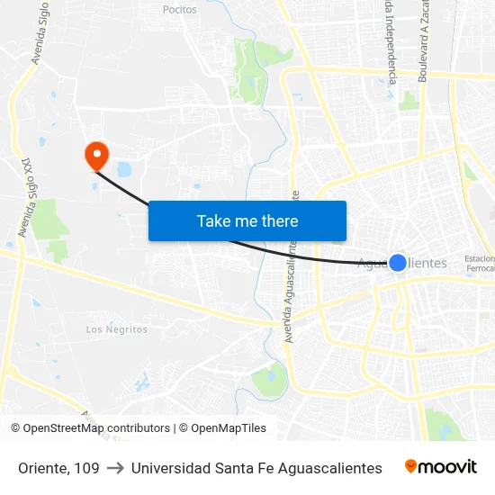 Oriente, 109 to Universidad Santa Fe Aguascalientes map