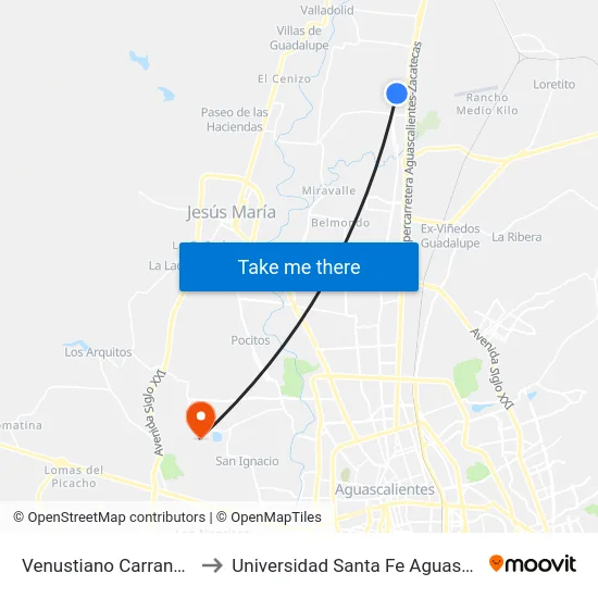 Venustiano Carranza, 101 to Universidad Santa Fe Aguascalientes map