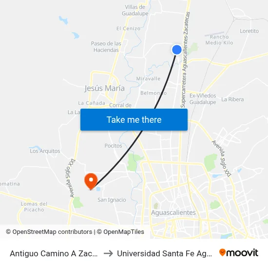 Antiguo Camino A Zacatecas, 500 to Universidad Santa Fe Aguascalientes map