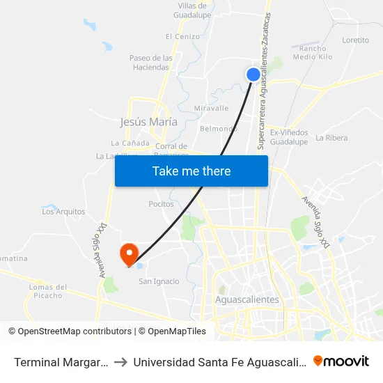 Terminal Margaritas to Universidad Santa Fe Aguascalientes map