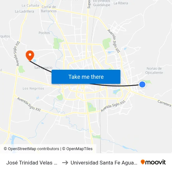 José Trinidad Velas Salas, 47 to Universidad Santa Fe Aguascalientes map
