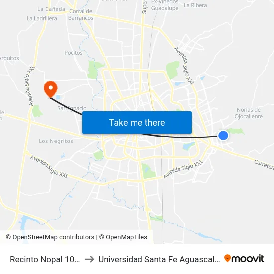 Recinto Nopal 109 39 to Universidad Santa Fe Aguascalientes map