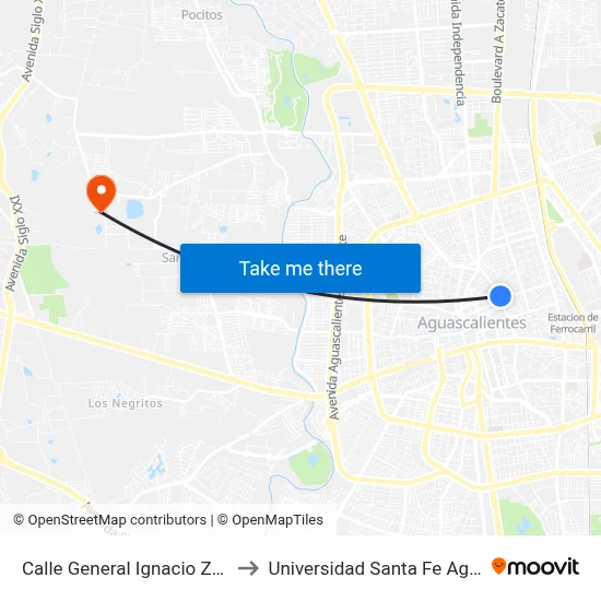 Calle General Ignacio Zaragoza, 511 to Universidad Santa Fe Aguascalientes map