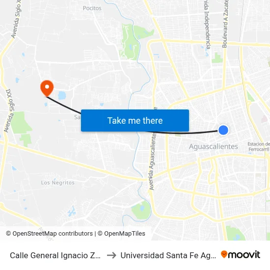 Calle General Ignacio Zaragoza, 602 to Universidad Santa Fe Aguascalientes map