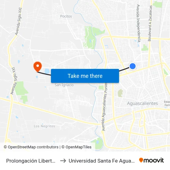 Prolongación Libertad, 1725 to Universidad Santa Fe Aguascalientes map