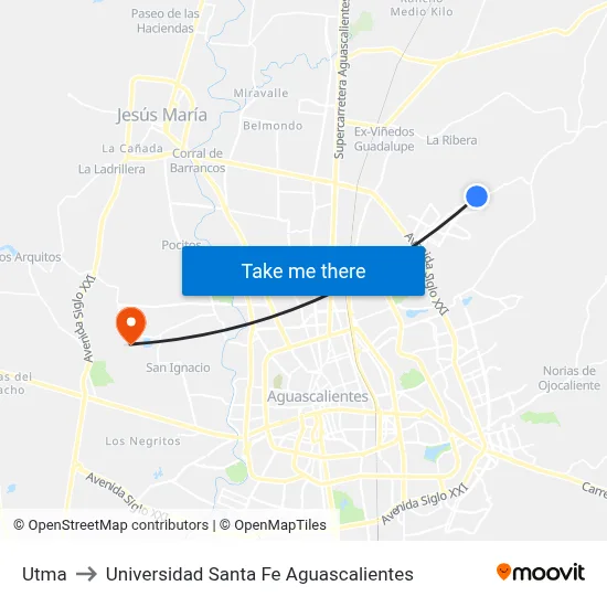 Utma to Universidad Santa Fe Aguascalientes map