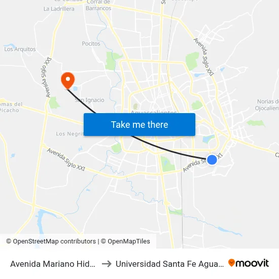 Avenida Mariano Hidalgo, 101 to Universidad Santa Fe Aguascalientes map