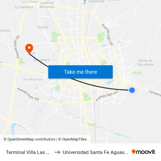 Terminal Villa Las Palmas to Universidad Santa Fe Aguascalientes map