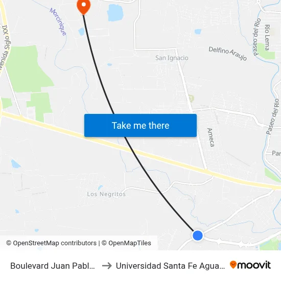 Boulevard Juan Pablo Ii, 1067 to Universidad Santa Fe Aguascalientes map