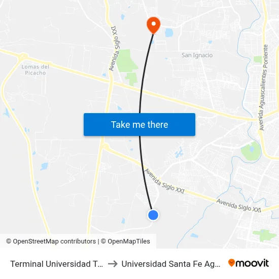 Terminal Universidad Tecnológica to Universidad Santa Fe Aguascalientes map