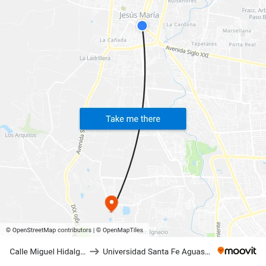 Calle Miguel Hidalgo, 125 to Universidad Santa Fe Aguascalientes map