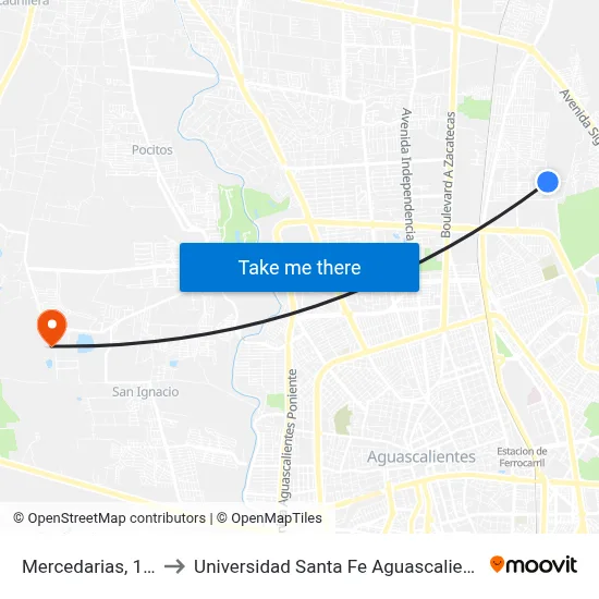 Mercedarias, 101 to Universidad Santa Fe Aguascalientes map