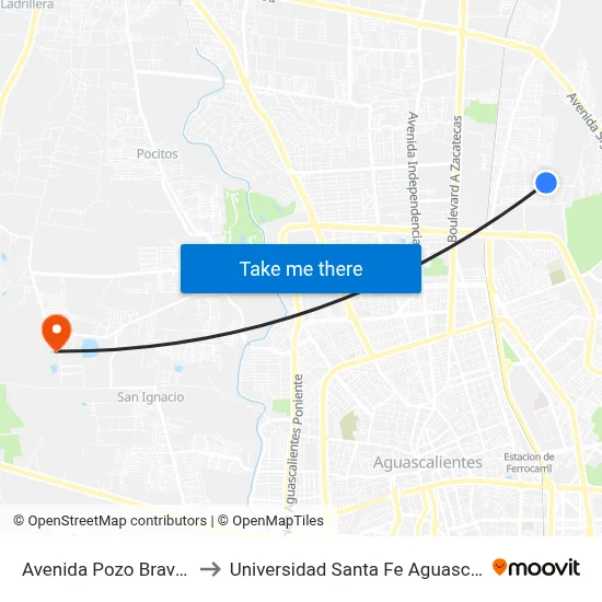 Avenida Pozo Bravo, 504 to Universidad Santa Fe Aguascalientes map