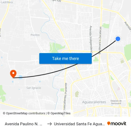 Avenida Paulino N. Martí, 802 to Universidad Santa Fe Aguascalientes map