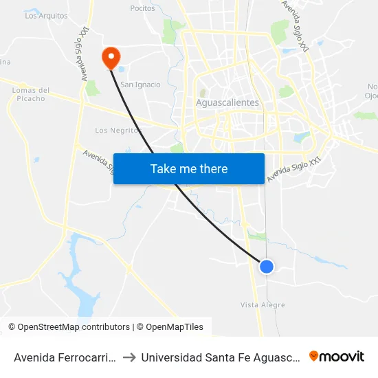 Avenida Ferrocarril, 541 to Universidad Santa Fe Aguascalientes map
