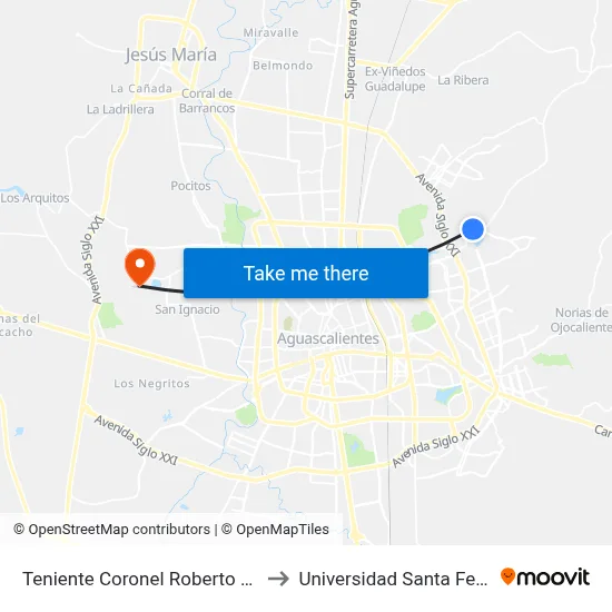 Teniente Coronel Roberto Jefkins Rangel, 307 to Universidad Santa Fe Aguascalientes map