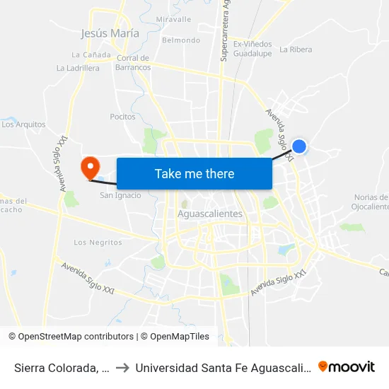 Sierra Colorada, 218 to Universidad Santa Fe Aguascalientes map