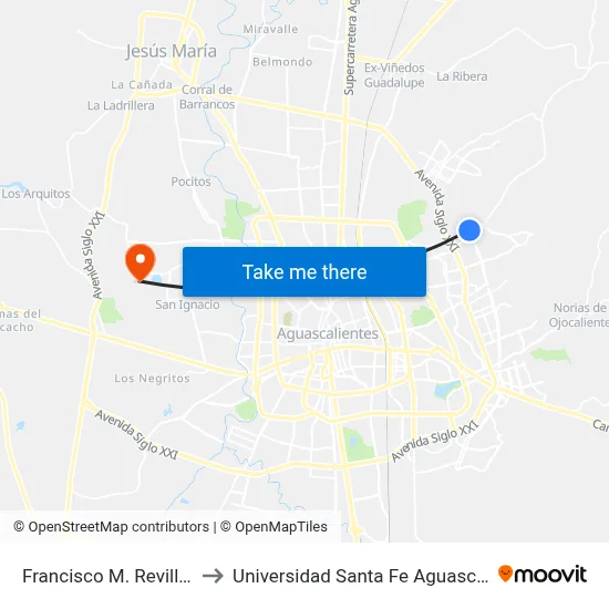 Francisco M. Revilla, 112 to Universidad Santa Fe Aguascalientes map