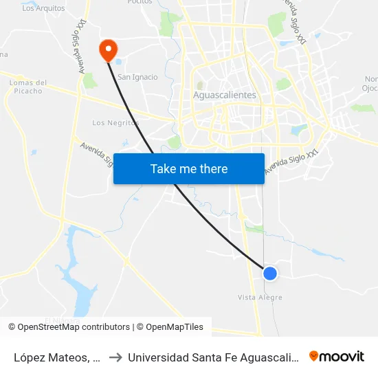 López Mateos, 103 to Universidad Santa Fe Aguascalientes map