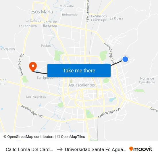 Calle Loma Del Cardenal, 107 to Universidad Santa Fe Aguascalientes map