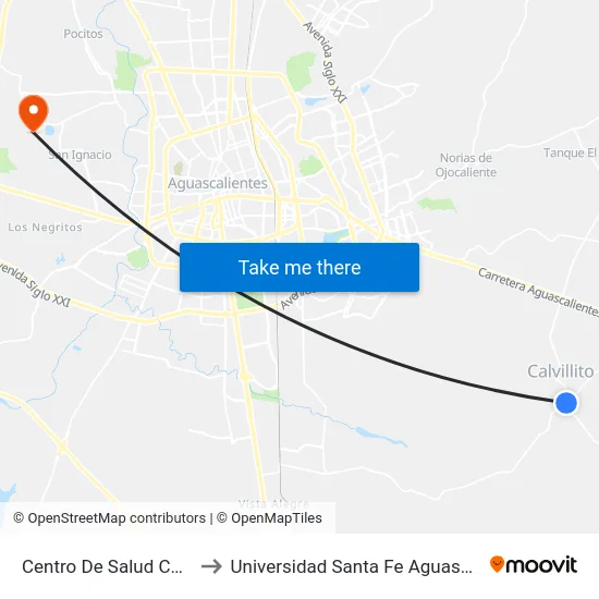 Centro De Salud Calvillito to Universidad Santa Fe Aguascalientes map