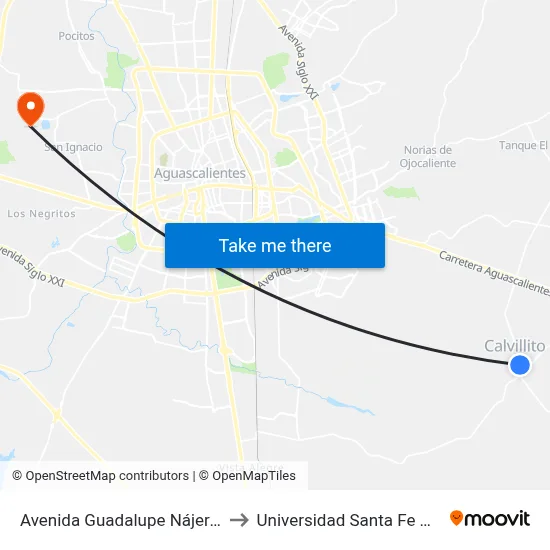 Avenida Guadalupe Nájera Jiménez, 540 to Universidad Santa Fe Aguascalientes map