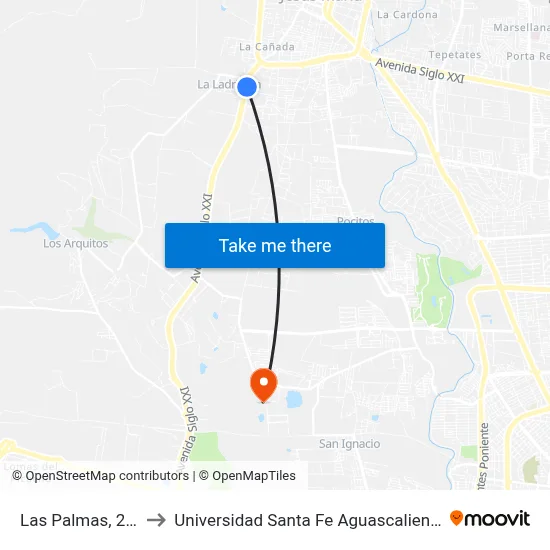 Las Palmas, 207 to Universidad Santa Fe Aguascalientes map