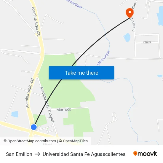 San Emilion to Universidad Santa Fe Aguascalientes map