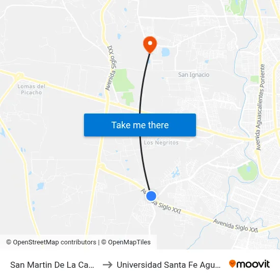 San Martin De La Cantera, 101 to Universidad Santa Fe Aguascalientes map