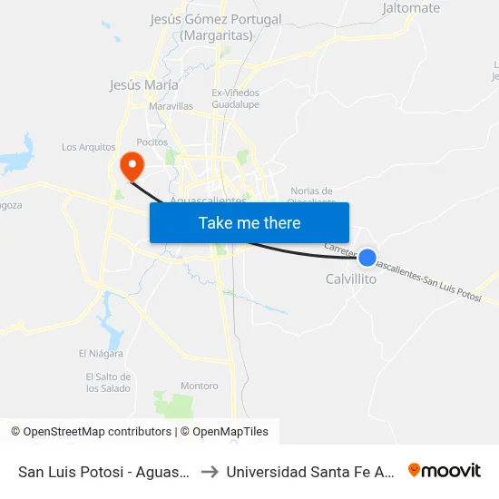 San Luis Potosi - Aguascalientes, 183 to Universidad Santa Fe Aguascalientes map