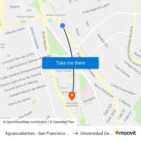 Aguascalientes - San Francisco De Los Romo, 117 to Universidad De Las Artes map