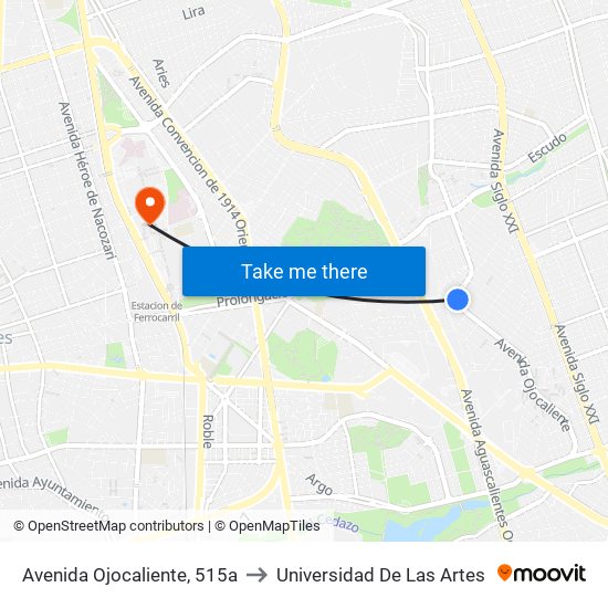 Avenida Ojocaliente, 515a to Universidad De Las Artes map