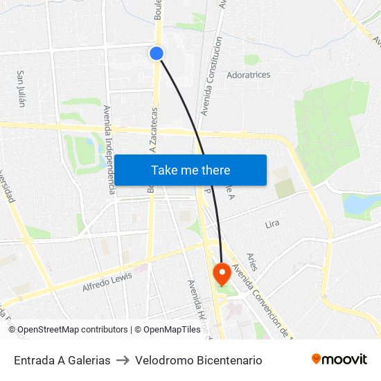 Entrada A Galerias to Velodromo Bicentenario map