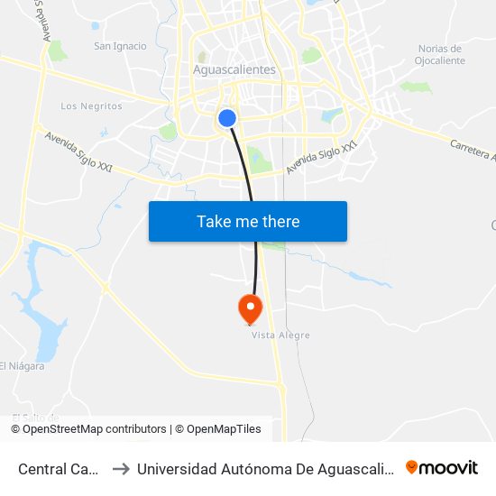 Central Camionera to Universidad Autónoma De Aguascalientes - Campus Sur map