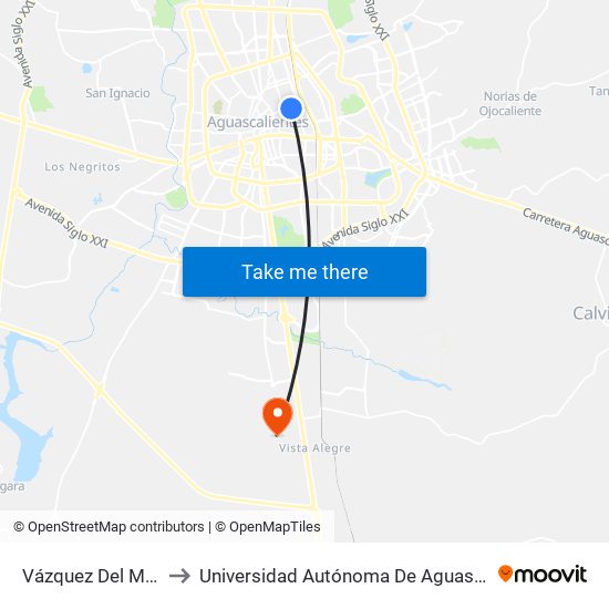 Vázquez Del Mercado, 303 to Universidad Autónoma De Aguascalientes - Campus Sur map