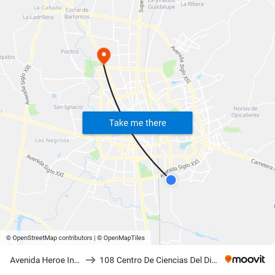 Avenida Heroe Inmortal, 1502 to 108 Centro De Ciencias Del Diseño Y Construcción map