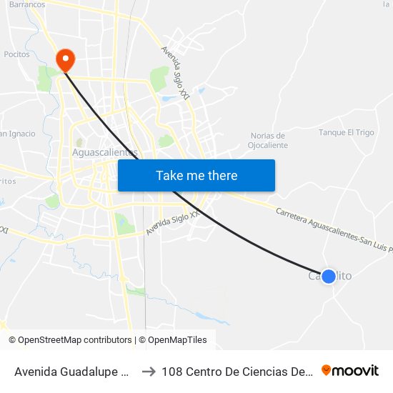 Avenida Guadalupe Nájera Jiménez, 410 to 108 Centro De Ciencias Del Diseño Y Construcción map