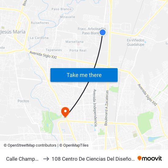 Calle Champaña, 467 to 108 Centro De Ciencias Del Diseño Y Construcción map