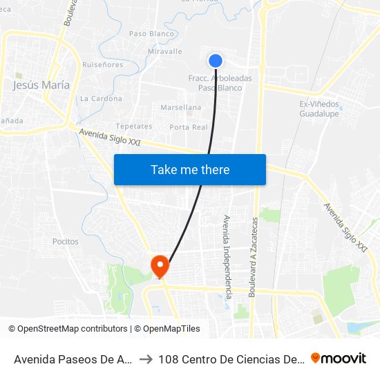 Avenida Paseos De Aguascalientes, 1602 to 108 Centro De Ciencias Del Diseño Y Construcción map
