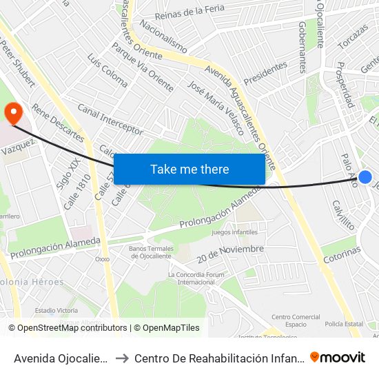 Avenida Ojocaliente, Lb to Centro De Reahabilitación Infantil Teletón map