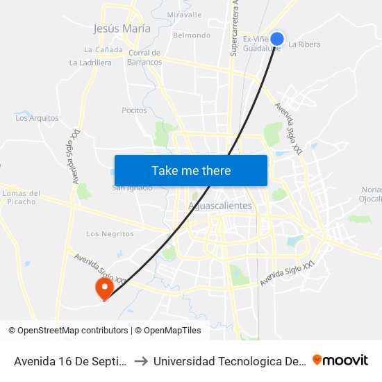 Avenida 16 De Septiembre, 205a to Universidad Tecnologica De Aguascalientes map