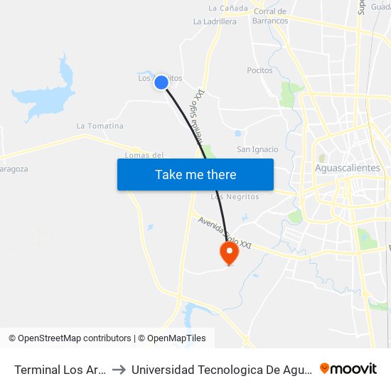 Terminal Los Arquitos to Universidad Tecnologica De Aguascalientes map