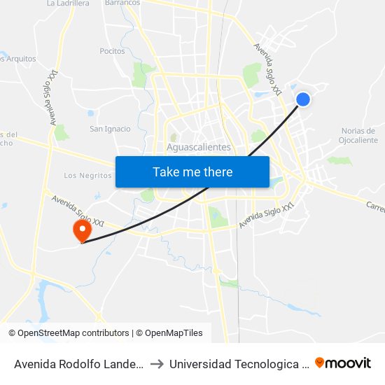 Avenida Rodolfo Landeros Gallegos, 107 to Universidad Tecnologica De Aguascalientes map