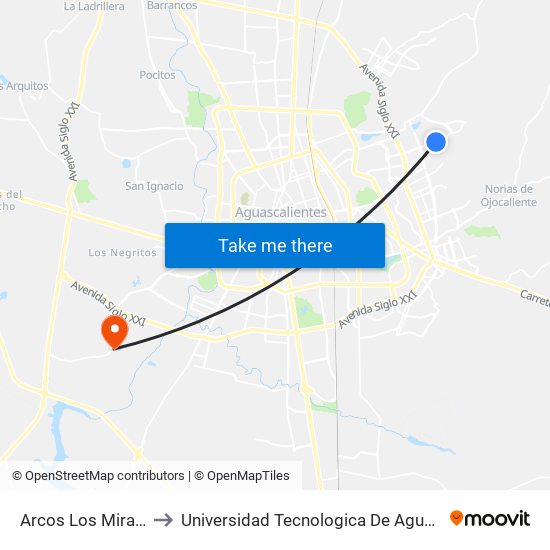 Arcos Los Miradores to Universidad Tecnologica De Aguascalientes map