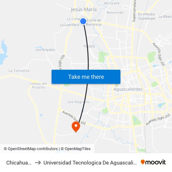 Chicahuales to Universidad Tecnologica De Aguascalientes map
