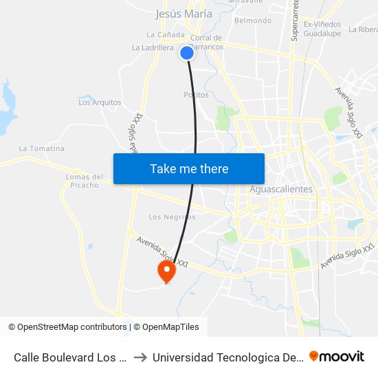 Calle Boulevard Los Pocitos, 800 to Universidad Tecnologica De Aguascalientes map