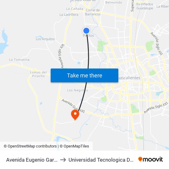 Avenida Eugenio Garza Sada, 906 to Universidad Tecnologica De Aguascalientes map